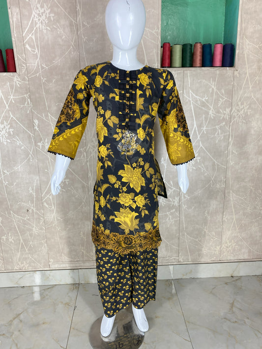 Kids 2PC Stitched Lawn Suit – Embroidered Sleeves & Daman | Fancy Tassel Neckline