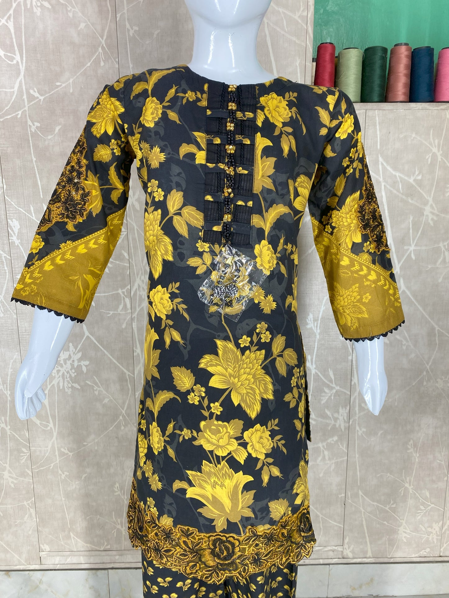 Kids 2PC Stitched Lawn Suit – Embroidered Sleeves & Daman | Fancy Tassel Neckline