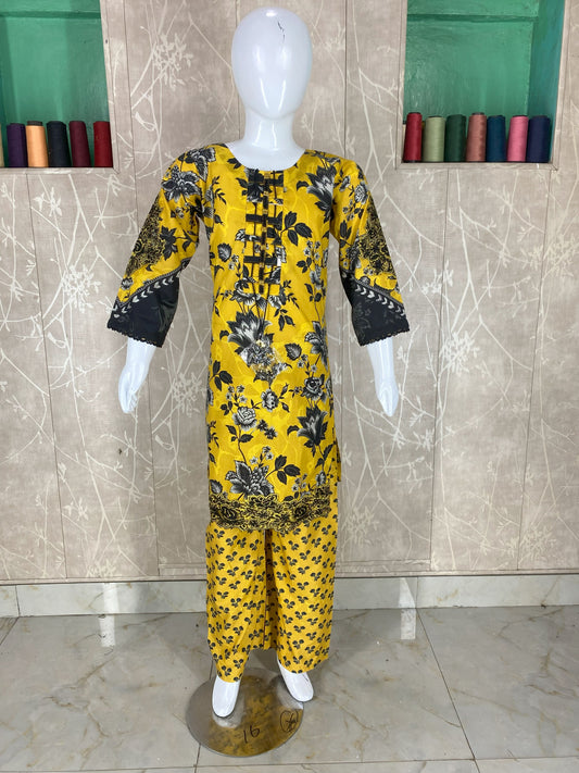 Kids 2PC Stitched Lawn Suit – Embroidered Sleeves & Daman | Fancy Tassel Neckline