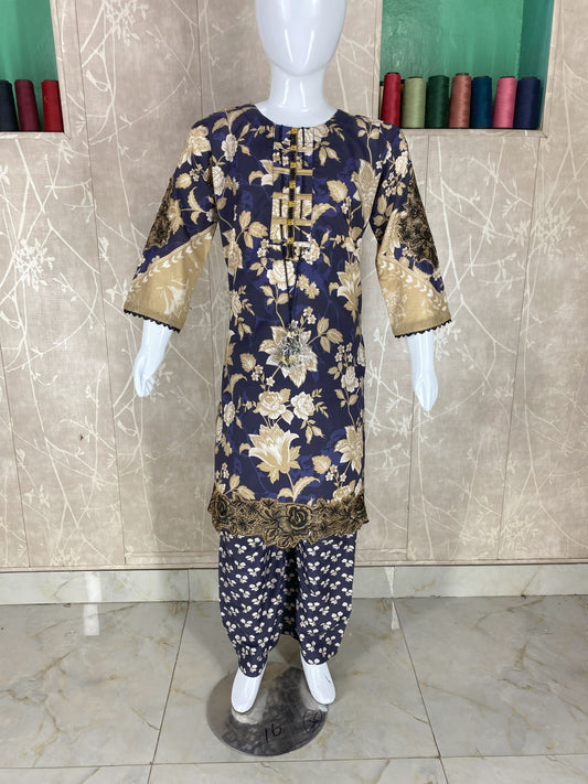 Kids 2PC Stitched Lawn Suit – Embroidered Sleeves & Daman | Fancy Tassel Neckline