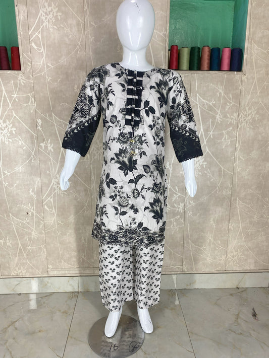 Kids 2PC Stitched Lawn Suit – Embroidered Sleeves & Daman | Fancy Tassel Neckline