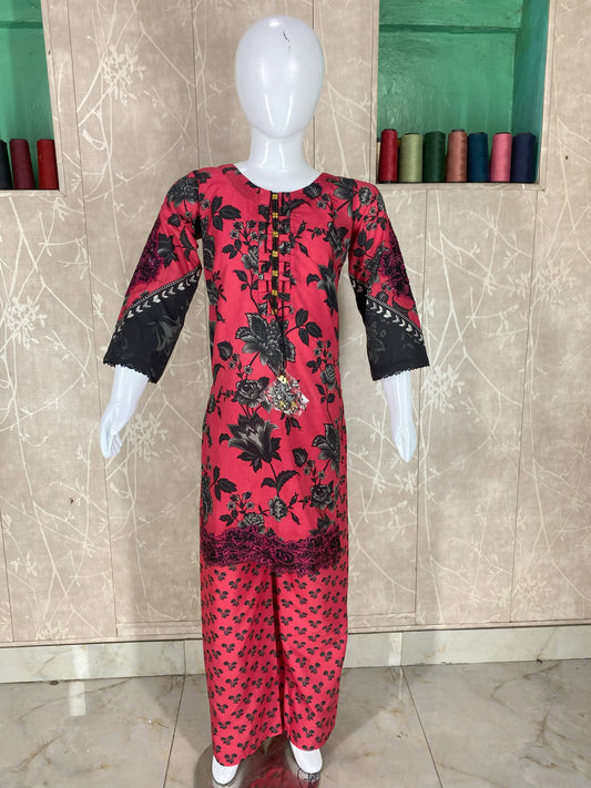 Kids 2PC Stitched Lawn Suit – Embroidered Sleeves & Daman | Fancy Tassel Neckline