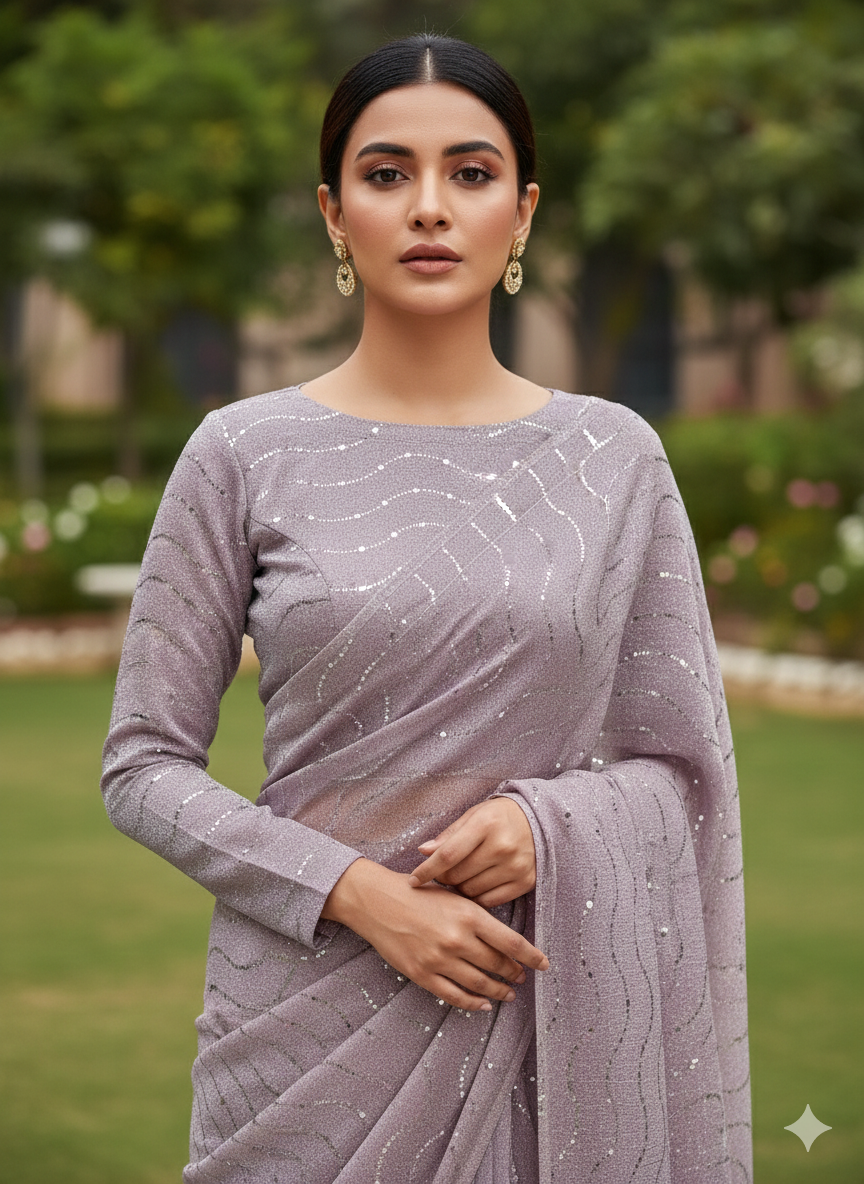 Premium Moonlight Fabric Saree | Purple Glitz with Matching Modest Blouse | Factory Direct Price