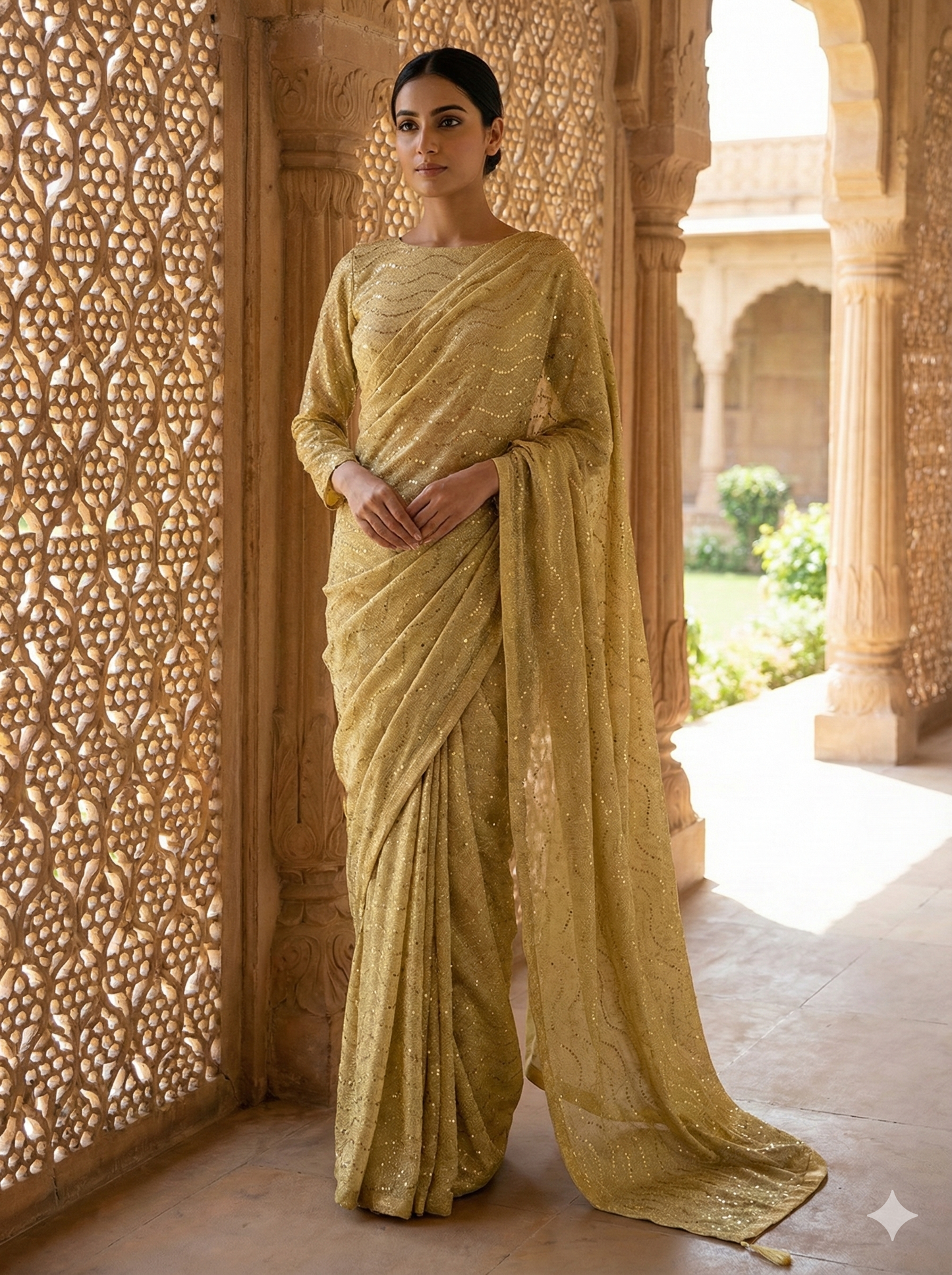 Premium Moonlight Fabric Saree | Golden Glitz with Matching Modest Blouse | Factory Direct Price