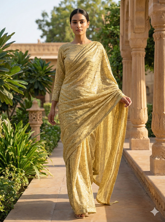 Premium Moonlight Fabric Saree | Golden Glitz with Matching Modest Blouse | Factory Direct Price