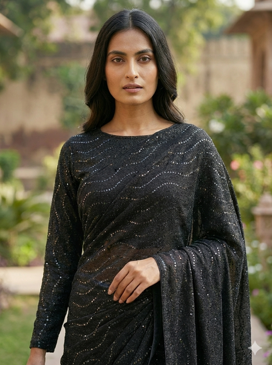 Premium Moonlight Fabric Saree | Black Glitz with Matching Modest Blouse | Factory Direct Price