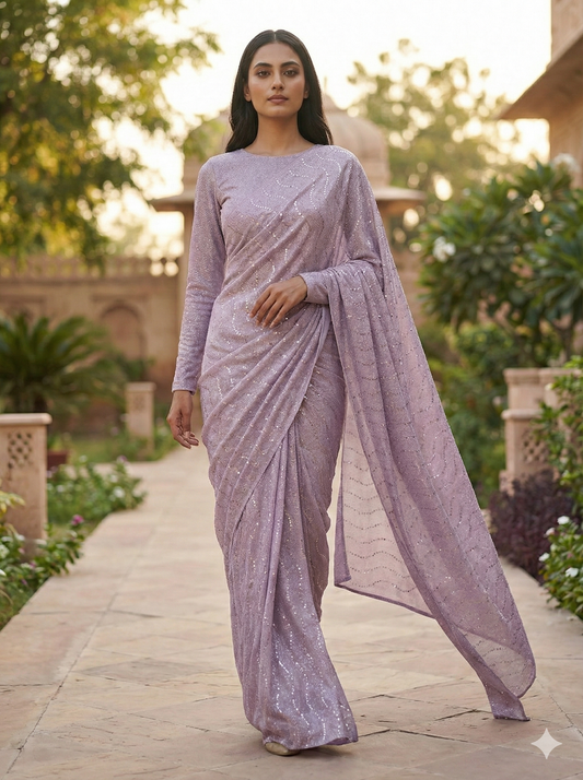 Premium Moonlight Fabric Saree | Purple Glitz with Matching Modest Blouse | Factory Direct Price