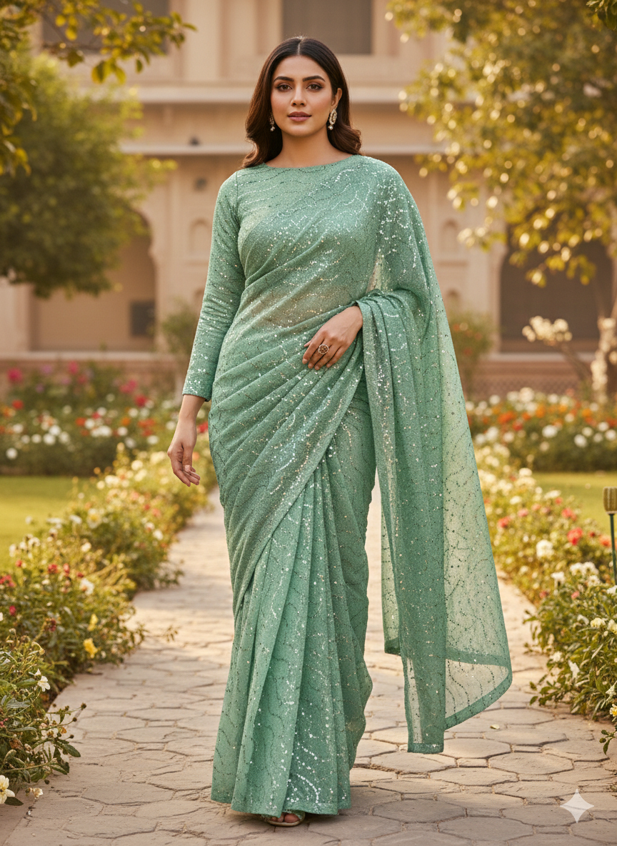 Premium Moonlight Fabric Saree | Aqua Green Glitz with Matching Modest Blouse | Factory Direct Price