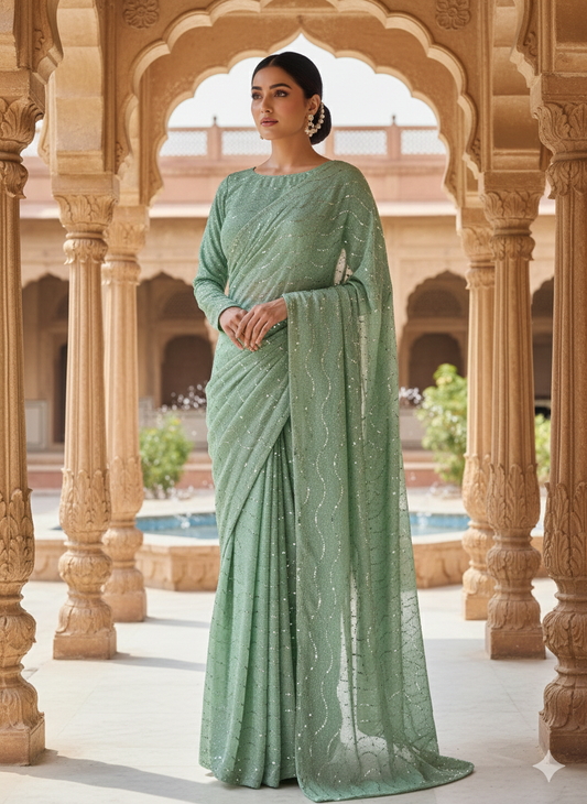 Premium Moonlight Fabric Saree | Aqua Green Glitz with Matching Modest Blouse | Factory Direct Price