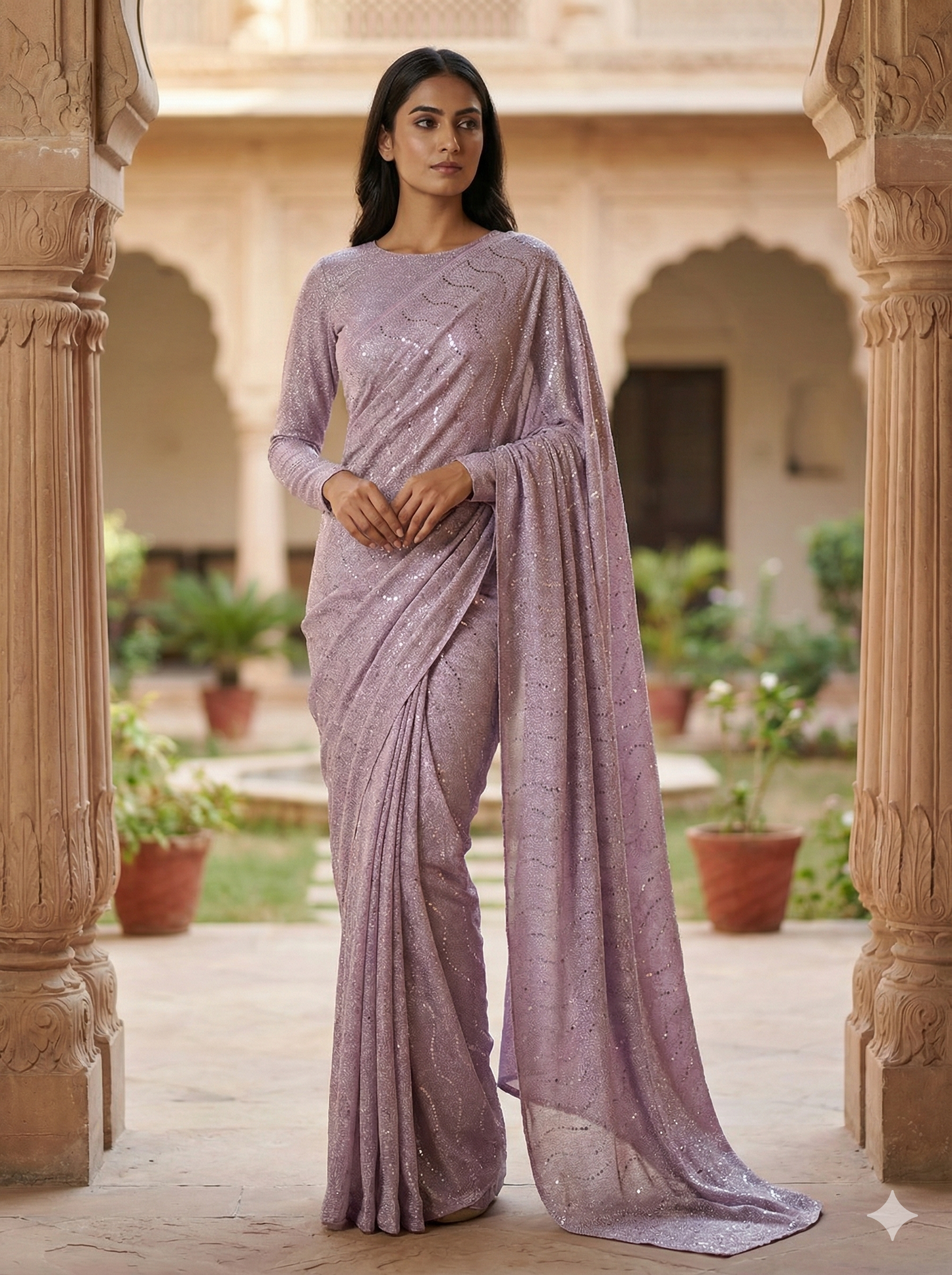 Premium Moonlight Fabric Saree | Purple Glitz with Matching Modest Blouse | Factory Direct Price