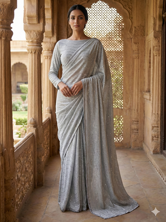 Premium Moonlight Fabric Saree | Silver Glitz with Matching Modest Blouse | Factory Direct Price