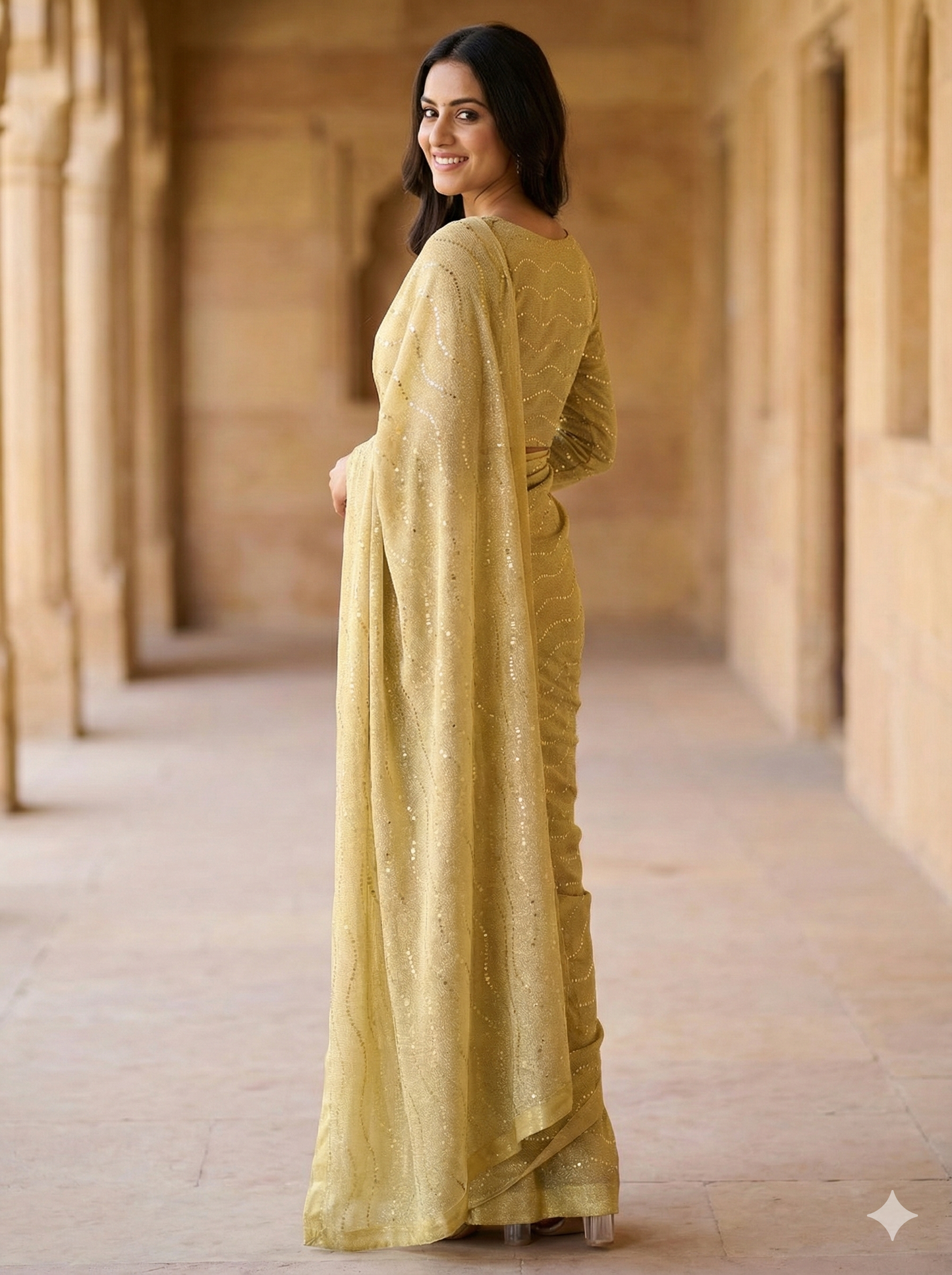 Premium Moonlight Fabric Saree | Golden Glitz with Matching Modest Blouse | Factory Direct Price